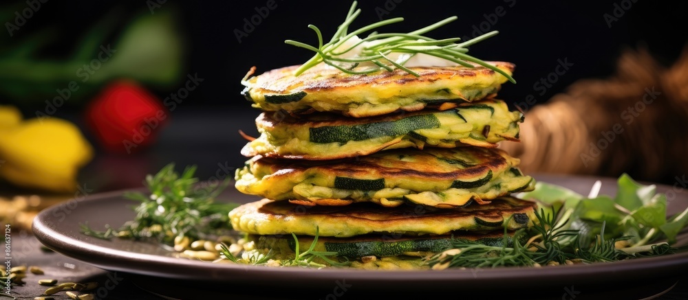 Poster zucchini pancakes stacked on a white plate with herbs, showcasing selective soft focus. ideal for te