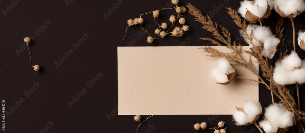 Poster Minimalistic flat lay composition featuring blank greeting cards with dry flowers on a brown backdrop, emphasizing the mockup copy space image on the paper sheets.