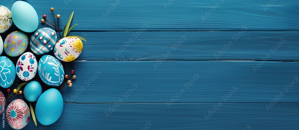 Aufkleber Easter eggs displayed on a blue wooden background with copy space image.