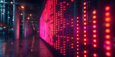 Obraz premium Neon-colored dynamic stock market data displayed on digital screen against dark background. Concept Stock Market Trends, Digital Screens, Neon Colors, Financial Data, Dynamic Background