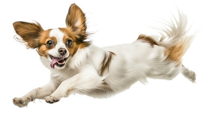 Full body shot of Papillon dog, running happily, smiling.