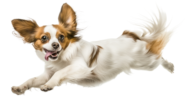 Full body shot of Papillon dog, running happily, smiling.