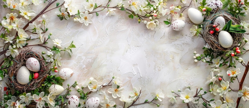 Poster A top-down view of a spring Easter holiday scene with eggs in nests and spring flowers, perfect for a greeting card with a blank area for text or images. with copy space image