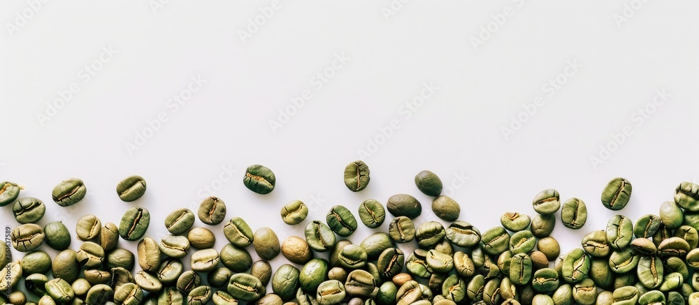 Poster detailed close-up of unroasted green coffee beans on a white background for wallpaper or design with