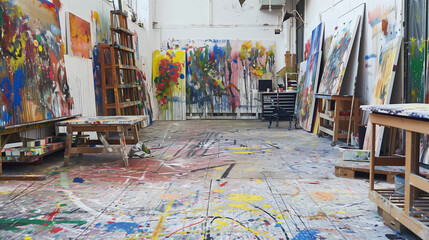 Naklejka premium An artist's studio teeming with unfinished works, paint splatters, and the energetic mess of artistic creation.