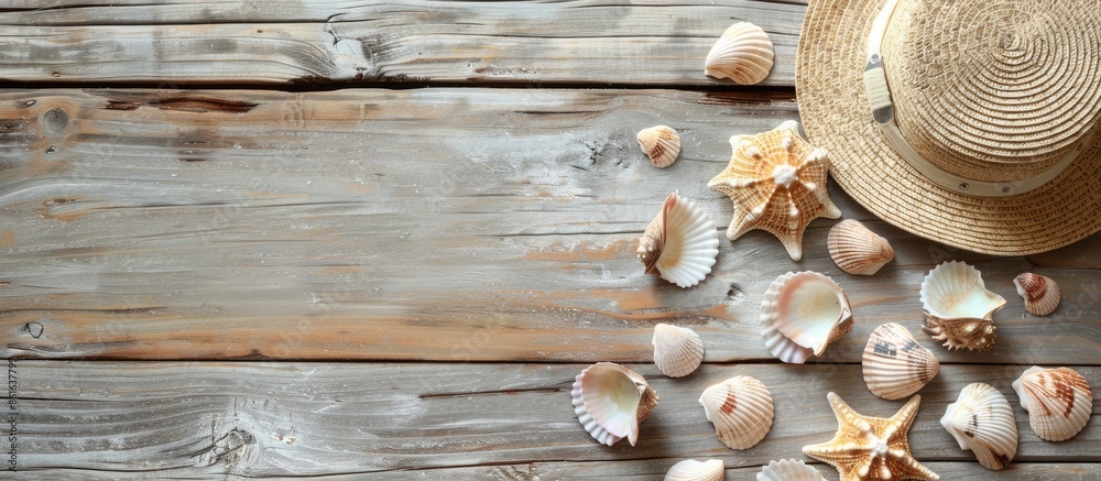 Poster A straw hat and seashells on a wooden backdrop, with a copy space image available for text.