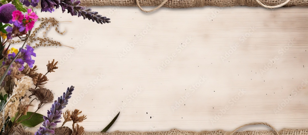 Poster A herbarium of flowers and branches displayed on a light craft background with burlap border, ideal for a copy space image.