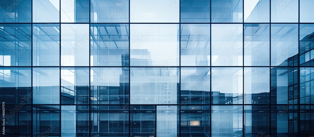 Poster modern building facade with glass walls, offering an abstract closeup view with reflective surfaces,