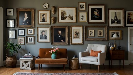 Eclectic charm with a gallery wall of mixed artwork and vintage finds ai-generated