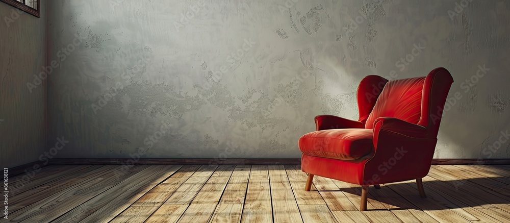 Aufkleber Elegant red chair in an empty room with wooden floor. with copy space image. Place for adding text or design