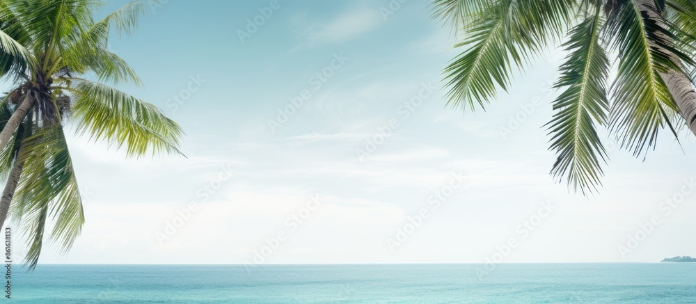 Poster Coconut palm trees by the seaside with a view of the ocean, providing copy space for your text.