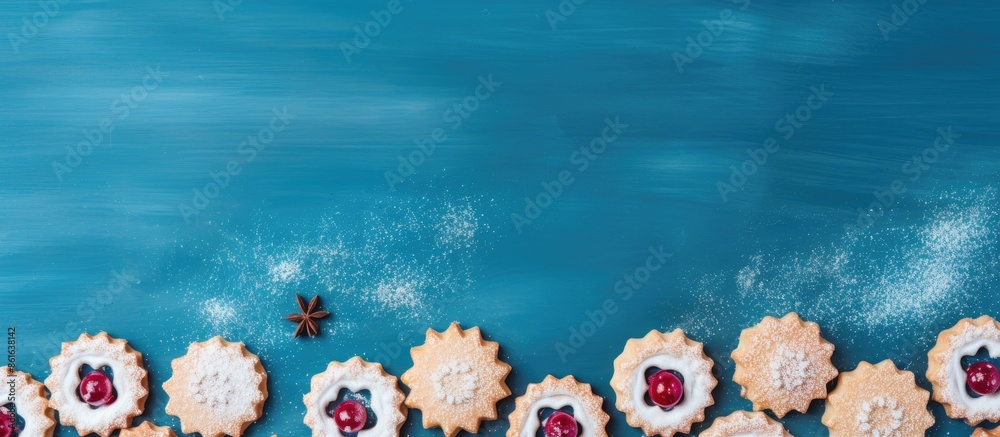 Poster austrian linzer cookies with raspberry filling on blue wooden backdrop. top view shot emphasizing wi