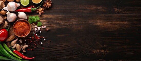 A top view of a wooden kitchen table featuring Asian cuisine ingredients like ginger, lime, chili pepper, garlic, soy sauce, mushrooms, paprika, and green onion, with ample copy space image.