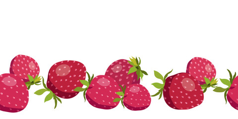 Red delicious strawberries on white background. Ripe fruit. Food vector illustration. Seamless border.