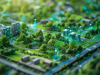 Obraz premium Miniature Smart City Park with Interactive Digital Installations and Eco Friendly Features
