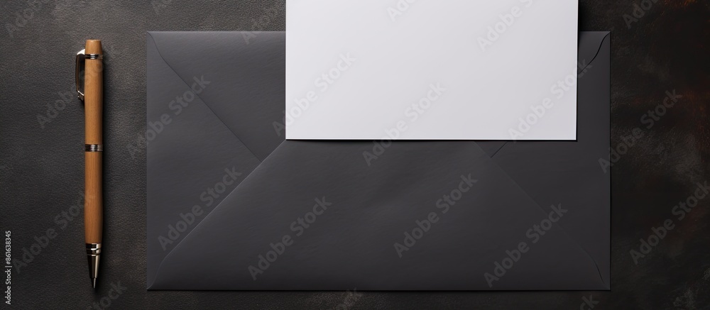 Poster blank paper envelope, pen, and clip on a black stone background, creating a blank stationery templat