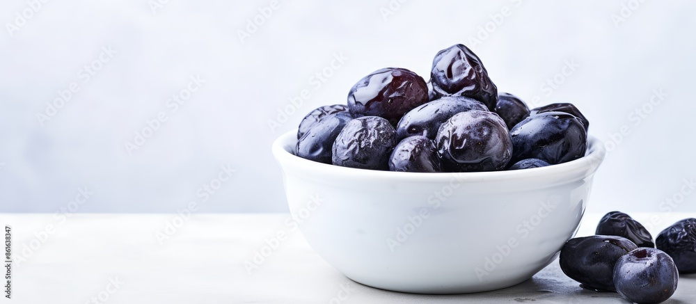 Aufkleber A bowl of delicious prunes displayed on a clean white table with abundant empty space around them for a beautiful photograph, ideal for a copy space image.