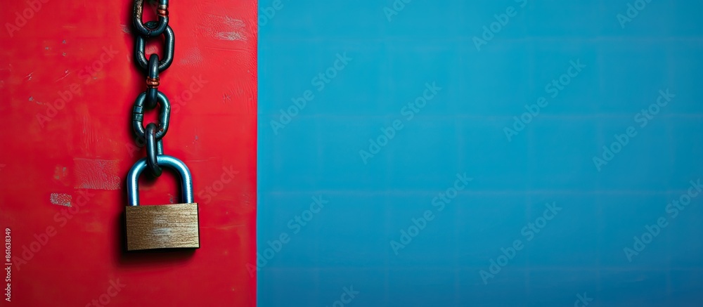 Poster a safety concept is depicted with a red chain and padlock against a blue background, providing ample