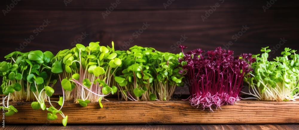 Poster Various microgreens varieties displayed on a wooden backdrop with copy space image.