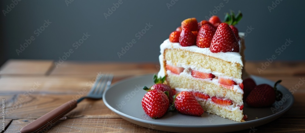 Leinwandbilder a cream slice cake is elegantly presented on a plate with fresh strawberries, a fork beside it, in a