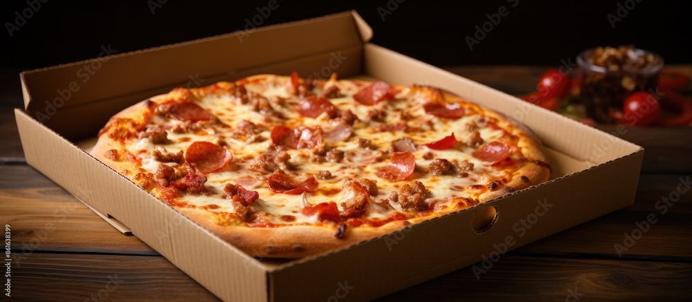 Poster A pizza with melted cheese and spicy sausages is displayed in a cardboard box on a table, offering an enticing view with blank space for text or graphics. with copy space image