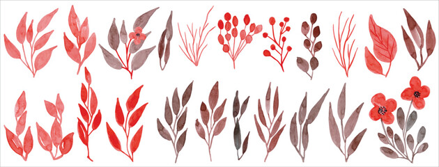 Obraz premium Set watercolor leaves. Watercolor hand drawn for wedding invitation card, frame and wreath. Botanical spring summer leaf illustration isolated on white background. 