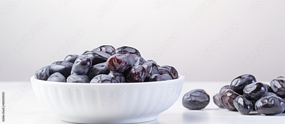 Aufkleber a bowl of delicious prunes displayed on a clean white table with abundant empty space around them fo