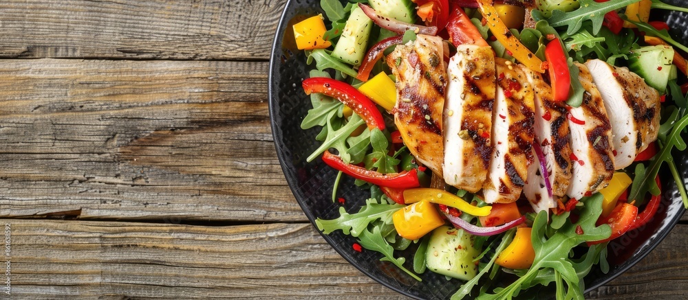 Fototapete plate of chicken salad with vegetables on wooden table. Copy space image. Place for adding text or design