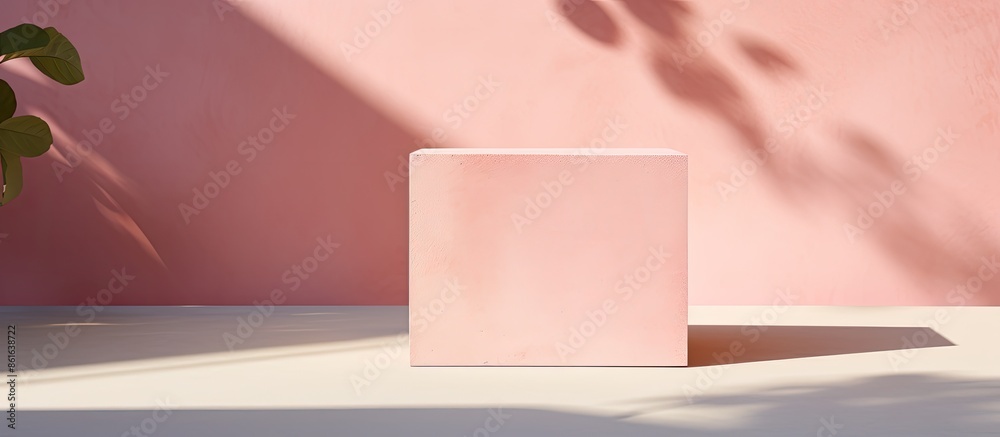 Poster sunlight illuminates a concrete cube podium with shadow on a pink background, creating a minimalisti