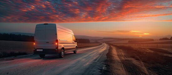Big white van in motion on the countryside road shipping goods against night sky with sunset. Copy space image. Place for adding text or design