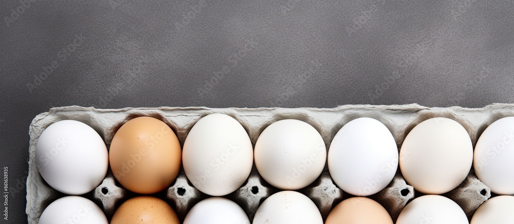 Fototapete top view of white chicken eggs in a carton box on a grey textured background with copy space image.