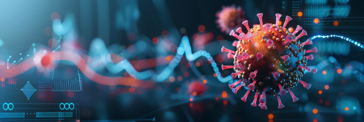 abstract representation of a virus under a microscope, with data points around it indicating infection rates .