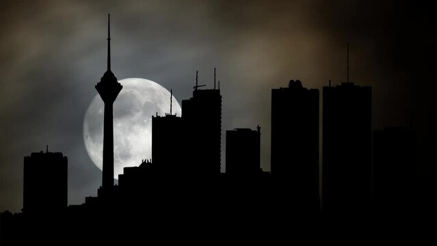 Iran: Tehran Cityscape, Time Lapse by Night with Full Moon