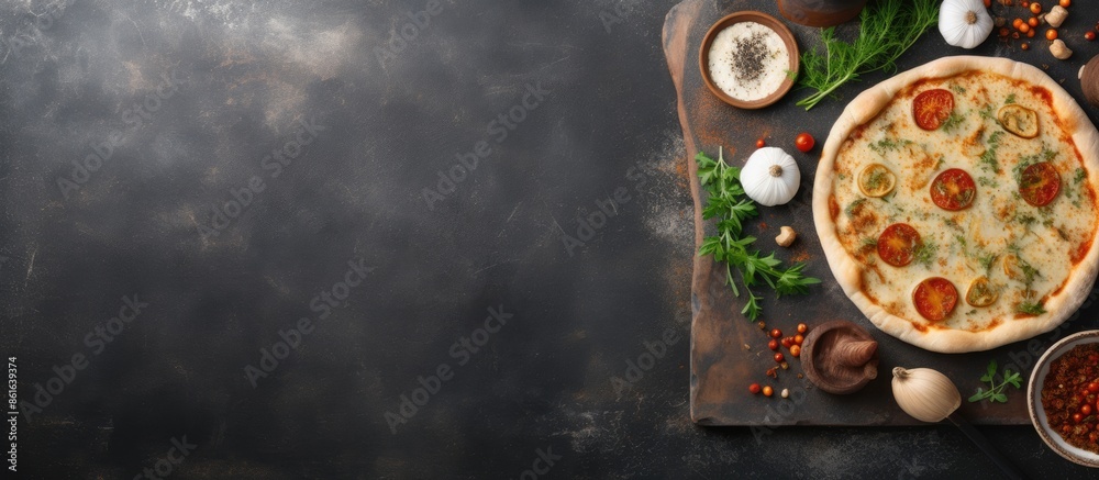 Aufkleber Stone table background with pizza cutting board and napkin, creating a food recipe concept. Panoramic top view with copy space image on tabletop or wall texture.