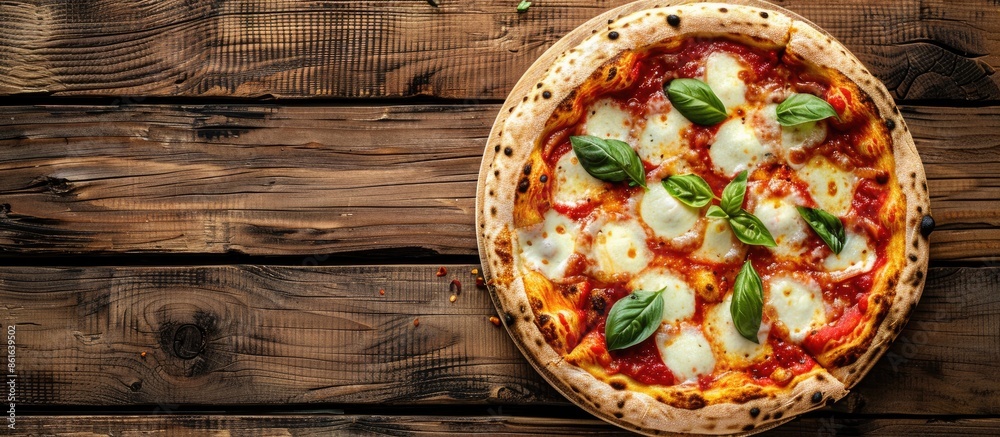 Aufkleber top-down view of a pizza margherita displayed on a wooden surface, with ample copy space available i