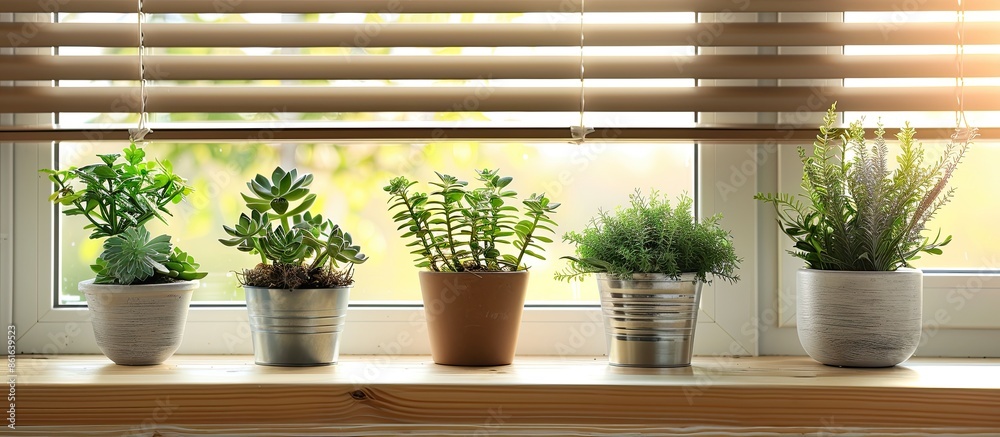 Aufkleber Different potted plants on sill near window blinds. Space for text. with copy space image. Place for adding text or design