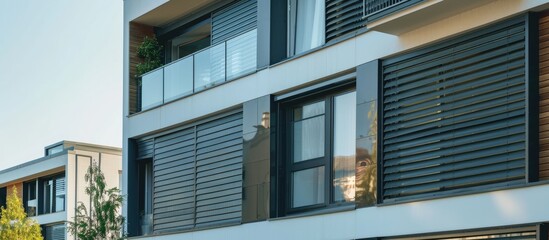 Exterior of contemporary building with roller blinds on windows, external shutters on French windows, balcony, and copy space image available.