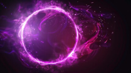 Obraz premium Abstract neon energy sphere of particles and waves of magical glowing on a dark background, circle and loop frames with magic purple and pink flame and sparks isolated on transparent, generative AI.