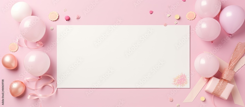 Poster top-down view of a blank greeting card, invitation mockup, and letterhead template adorned with deco