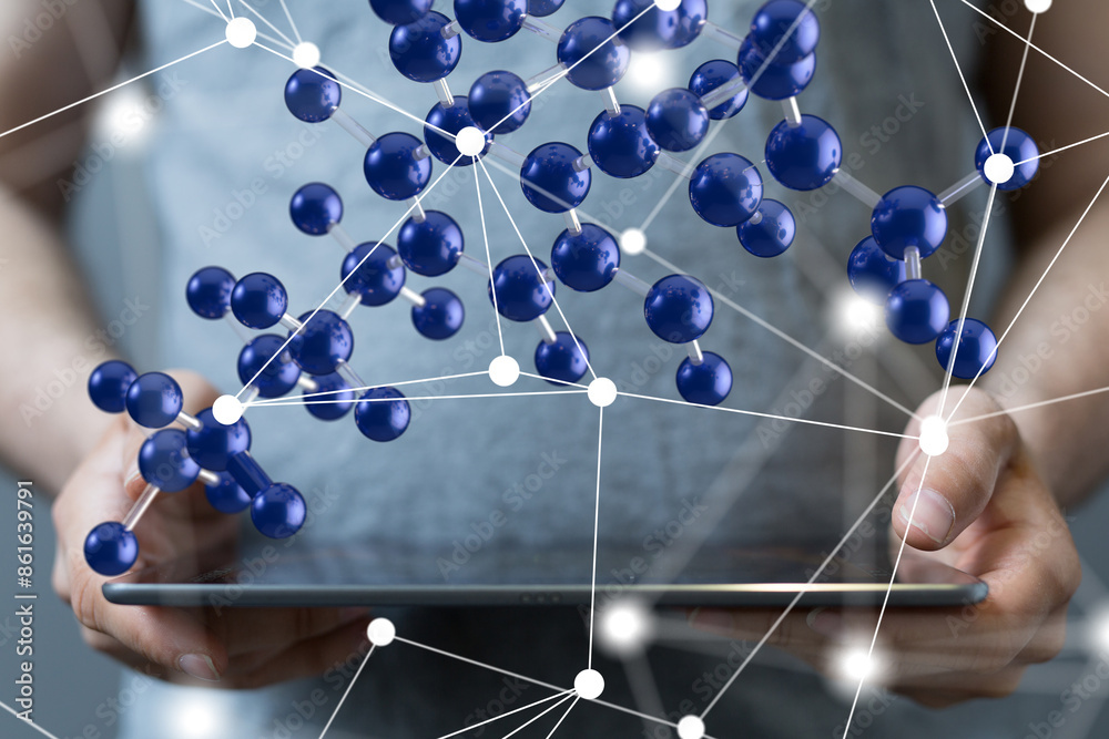 Poster Global network. Blockchain. 3D illustration. Neural networks and artificial intelligence. Abstract