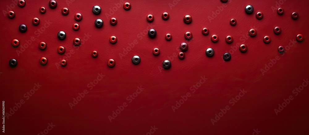 Poster Vibrant thumbtacks arranged on a textured red leather surface with space for images, featuring a subtle vignette effect. with copy space image. Place for adding text or design
