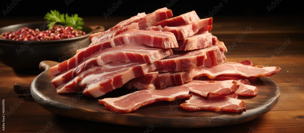 Poster Fresh bacon slices, a delicious pork product, displayed on a rustic table with a food background, suitable for appetizers or meals, in a top view with copy space image.