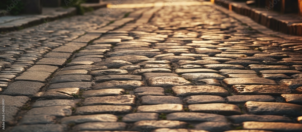 Poster detailed view of an old european cobblestone path with copy space image.