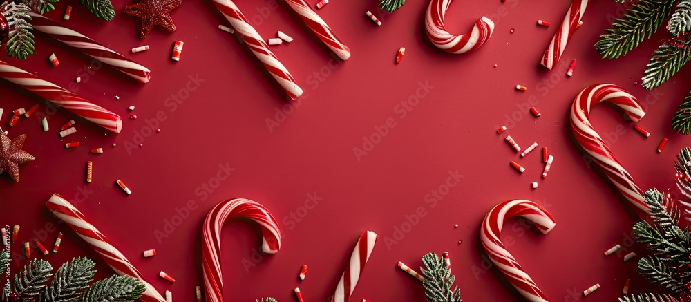 Poster christmas-themed red background showcasing caramel sugar canes for a festive and sweet concept. ampl