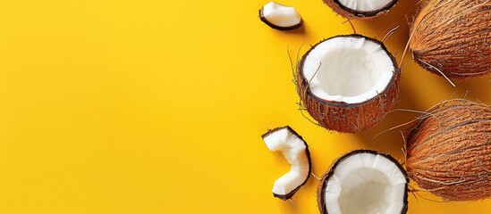 Top view of a pop art design with ripe coconuts on a yellow background, featuring a banner style...
