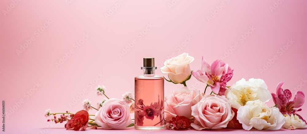 Poster Rose oil and flowers arranged with copy space image on a pink background for text.