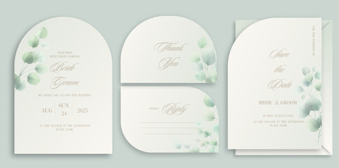Wedding arch Invitation Card Design with watercolor elegant eucalyptus Wildflowers and herbs.