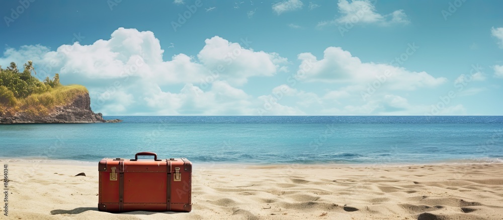 Poster Scenic beach vista with a suitcase on the shore in a copy space image.