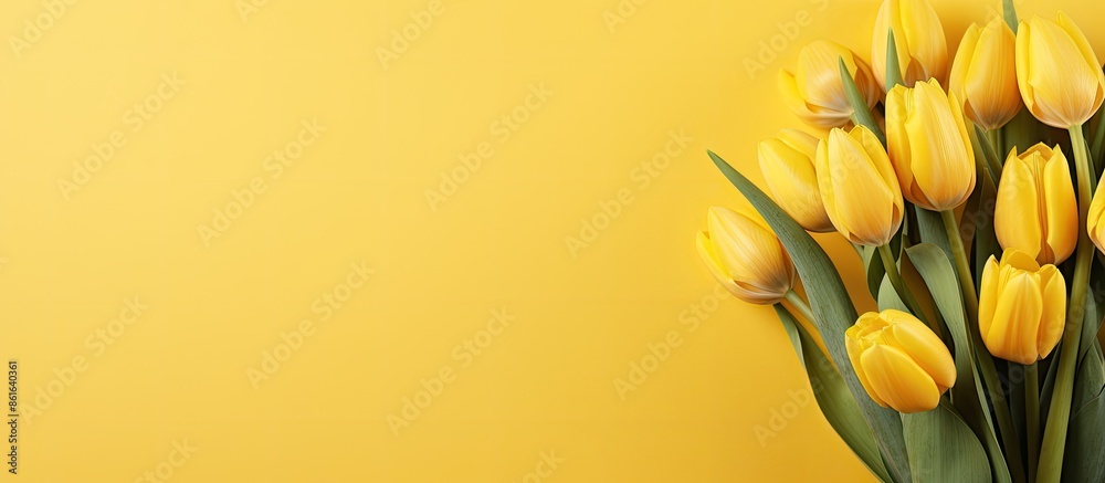Poster a spring bouquet of yellow tulips set against a yellow backdrop, providing ample copy space image.
