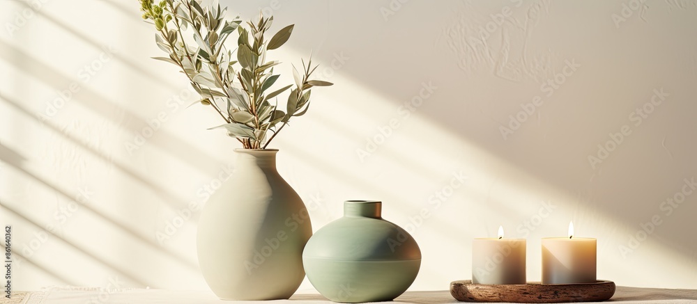 Poster in a bright room, there is a table displaying a vase with eucalyptus, a reed diffuser, and aroma can